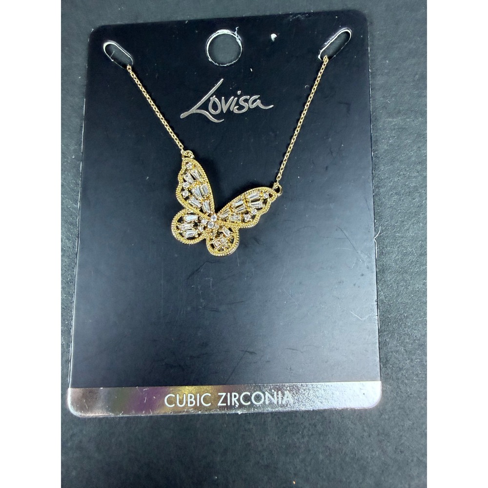 Lovisa Gold Tone Cubic Zirconia Baguette Butterfly Pendant Necklace NWT